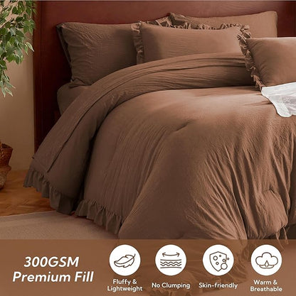 MR&HM Queen Comforter Set Brown, Comforter Set 7 Pieces for Girls Women, Shabby Chic Vintage Cottagecore Bed Sets Elegance Boho Bed in a Bag, Ultra-Soft & Fluffy Comforter for All Season