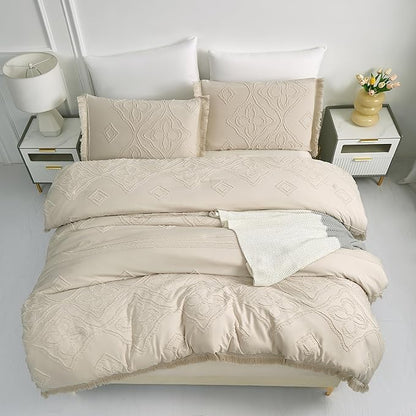 Boho King Size Comforter Set Beige 3 Pieces Tufted Tassel King Comforter Set Prime Lightweight Down Comforter King Size Beige Farmhouse Boho Bedding Shabby Chic Fluffy Comforter Bed Set Gift Choice