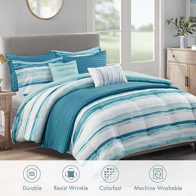 Madison Park Marina Comforter Quilt Combo Set - Modern Luxury Design, All Season Down Alternative Bedding, Matching Shams, Decorative Pillows, Full/Queen(90"x90"), Aqua 8 Piece