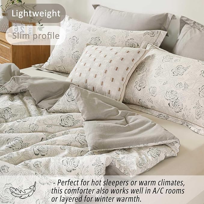 Vintage Botanical Cotton Comforter Queen Size 3PC - Elegant Floral Sketch on Ivory White with Tan Herringbone Reverse – Reversible Lightweight Comforter Set with Soft Fill(90"×90")
