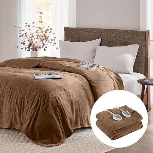 Degrees of Comfort Electric Blanket Twin, Single Controller W/Auto Shut Off, Heated Blanket Twin for Bed, Machine Washable, Mocha, 62Wx84L