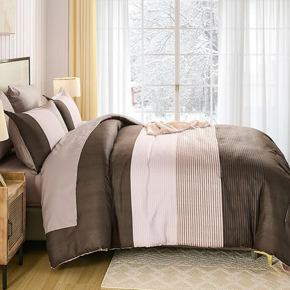 Anibedding Brown Queen Comforter Set 7 Pieces, Chocolate and White Patchwork Striped Bed in a Bag with Sheet Pillowcase for Queen Bed All Season