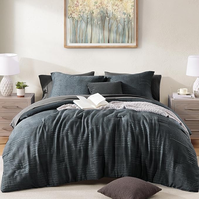 MaiRêve King Comforter Set Blue Grey, Textured Design Crinkle Bedding Sets 7 Pieces, All Season Bed in A Bag with Comforter, Sheets, Pillowcases & Shams