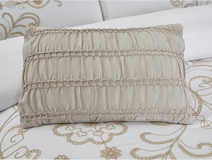 Modern Threads Sabrina Embroidered Comforter Set – 5 Piece White Bed Set with Gold Detailing, Decorative Pillows & Shams, Luxuriously Soft Jacquard Bedding, King