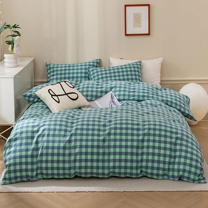 HighBuy Turquoise Gingham Comforter Set Full Vintage Chic Plaid Grid Printed Bedding Comforter with 2 Pillowcases,Fluffy Soft Checkered Comforter Set Plaid Bedding Sets 3 Pieces,Breathable