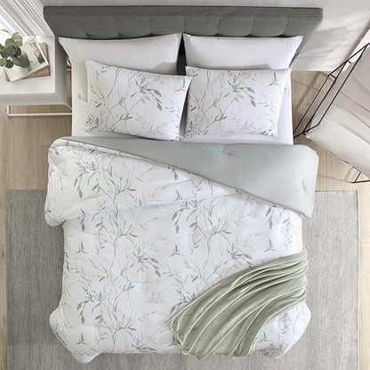 Kenneth Cole - Comforter Set, Super Soft Bedding with Matching Shams & Bonus Throw Blanket, Luxurious Home Decor (Ink Wash Vine Green, Queen)