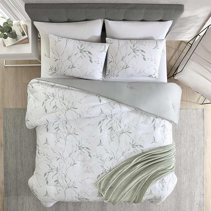 Kenneth Cole - Comforter Set, Super Soft Bedding with Matching Sham & Bonus Throw Blanket, Luxurious Home Decor (Ink Wash Vine Green, Twin)