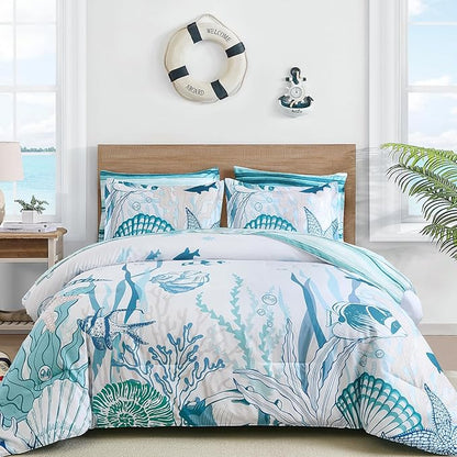 WONGS BEDDING Coastal King Size Comforter,7 Pieces Beach Nautical Themed Bed in a Bag Bedding Set,Ocean Coral Seashell Pattern Soft Warm Comforters for All Season, 104"x90"