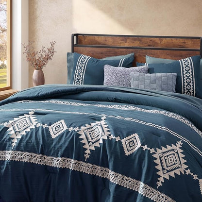 MaiRêve Embroidery Full Size Comforter Set Navy Blue, Farmhouse Western Boho Bedding Set 7 Pieces, All Season Bed in A Bag Comforter Set with Sheets, Pillowcases & Shams