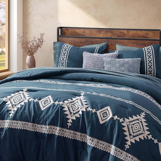 MaiRêve Embroidery Queen Size Comforter Set Navy Blue, Boho Farmhouse Western Bedding Set 7 Pieces, All Season Bed in A Bag Comforter Set with Sheets, Pillowcases & Shams