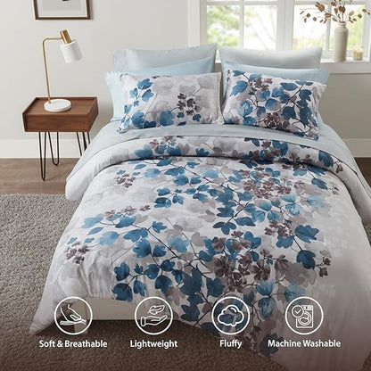 Full Comforter Set Blue Bed Set, 9 Pieces Cute Floral Bedding Set Ultra Soft Botanical Flowers Comforter, Sheets, Pillowcases & Shams