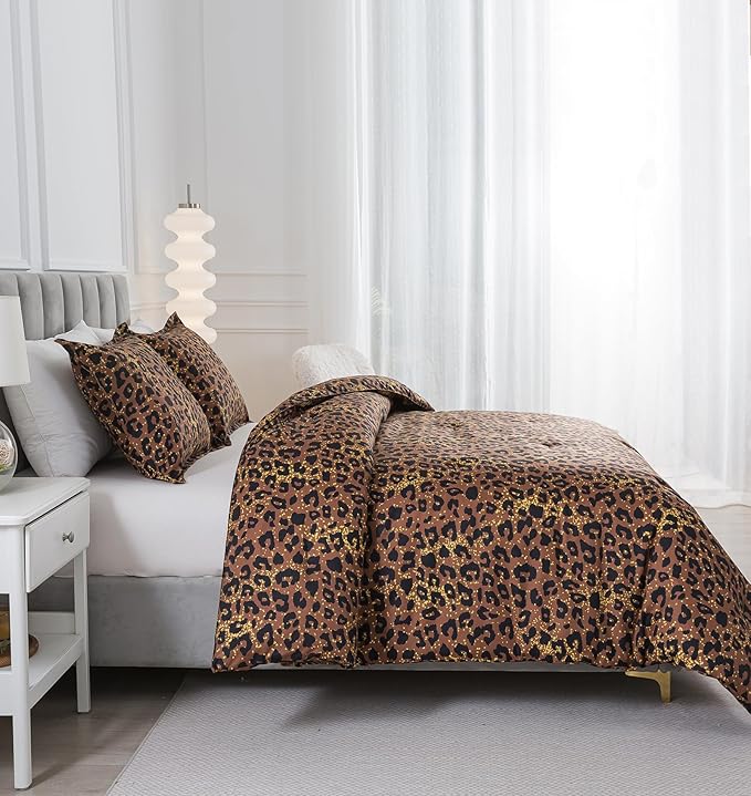 Caressma Safari Leopard Cheetah Print Brown Comforter Set, Twin Size 2 Pieces for All Seasons, Untamed Wilderness Style Comforter with Pillowshams, Ultra Soft Microfiber