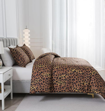Caressma Safari Leopard Cheetah Print Brown Comforter Set, Twin Size 2 Pieces for All Seasons, Untamed Wilderness Style Comforter with Pillowshams, Ultra Soft Microfiber