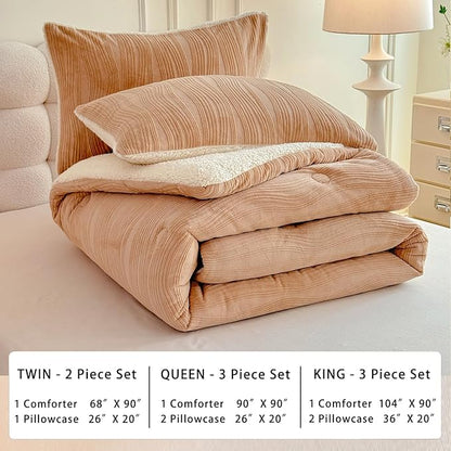 3D Striped Jacquard Sherpa Comforter Set Twin Size, Boho Geometric Pattern Quilt Bedding 2 Pieces Warm Cozy Fuzzy Comforter with 2 Pillowcases(68"X90" Beige)