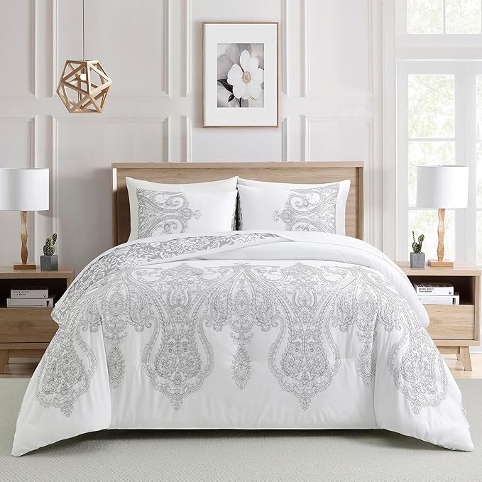 Sunshine Nicole Reversible Comforter Set, Brushed Microfiber Fabric with Embroidery for Front and Printed Microfiber Fabric for Reverse, 3 Pieces Grey White Queen