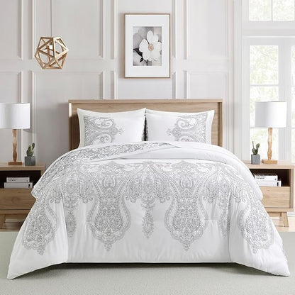 Sunshine Nicole Reversible Comforter Set, Brushed Microfiber Fabric with Embroidery for Front and Printed Microfiber Fabric for Reverse, 3 Pieces Grey White Queen