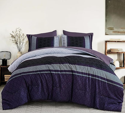 Cottolester Queen Comforter Set 7 Pieces,Black Purple Boho Striped Bed in a Bag,Soft Microfiber Complete Bedding Sets