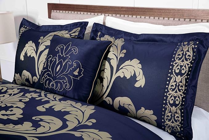 Chezmoi Collection 7-Piece Jacquard Floral Comforter Set (Queen, Navy/Gold)
