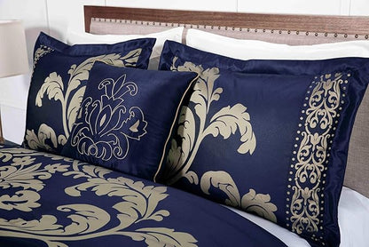 Chezmoi Collection 7-Piece Jacquard Floral Comforter Set (Queen, Navy/Gold)
