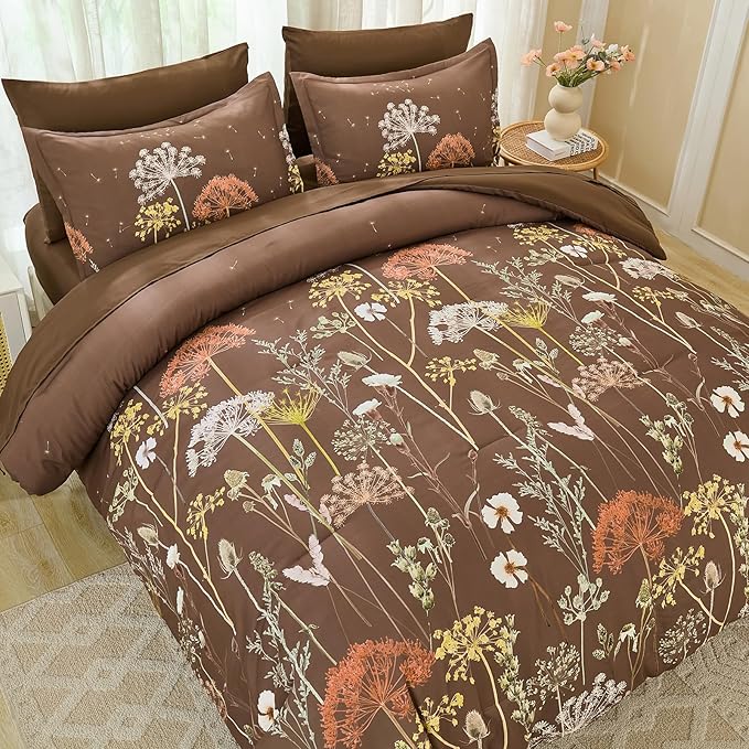 Yiran Brown Comforter Set King Size, 7 Piece Floral Dandelion Comforter Bedding Set, Botanical Bed in a Bag King, Soft Microfiber Complete Bedding Set with Sheets for All Season