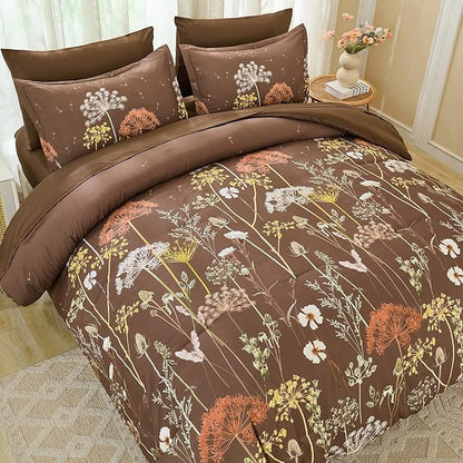 Yiran Brown Comforter Set King Size, 7 Piece Floral Dandelion Comforter Bedding Set, Botanical Bed in a Bag King, Soft Microfiber Complete Bedding Set with Sheets for All Season