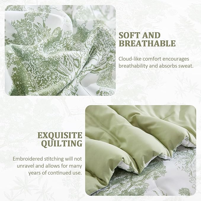 DJY Sage Green Comforter Set King, 7 Pieces Bed in a Bag King Size Botanical Comforters with Sheets Elegant Plants Print Soft Microfiber Reversible Complete Bedding Sets for All Season
