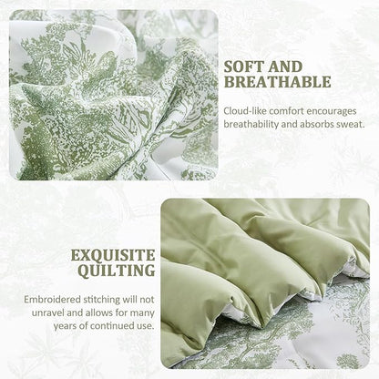 DJY Sage Green Comforter Set King, 7 Pieces Bed in a Bag King Size Botanical Comforters with Sheets Elegant Plants Print Soft Microfiber Reversible Complete Bedding Sets for All Season