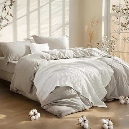 Bedsure 5 Pieces Cotton Comforter Set with Waffle Throw Blanket - Soft Breathable Bedding Set for All Seasons, Beige Comforter Full Size, Pillow Shams, White 100% Cotton Blanket, Throw Pillow