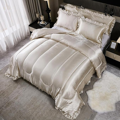 Satin King Comforter Set Silk Like Satin Bedding Set Hotel Soft Polyester Beige Bed Set Luxury Silky Pillow Cover with Quilt Set Ruffle Down Comforter Home Decor