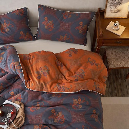 mixinni Vintage Floral Comforter Set Full Size, All Seasons Muslin Cotton Bedding Set, 3 Pieces Farmhouse Shabby Chic Jacquard Floral Comforter Set Perfect for Women and Men-Grayish Blue/Pumpkin