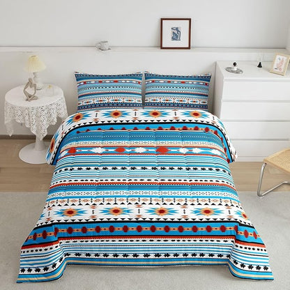 Erosebridal Western Decor,Vintage Exotic Indian Geometric Bedding Set Boho Western Comforter Set King,Ethnic Tribal Arrow Quilt Aztec Duvet Insert,Rustic Home Decor Rustic Farmhouse Decor Blue White