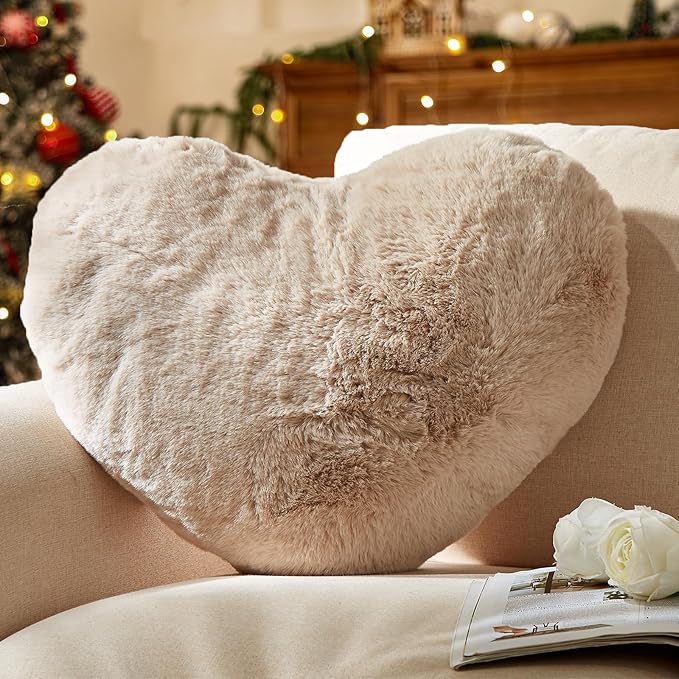 YRXRUS Heart Pillows, Love Heart Shaped Pillow, Small Cute Beige Heart Pillows for Gifts, Faux Rabbit Throw Pillows for Her, Kids, Girls Home Decoration, 10X11 Inch