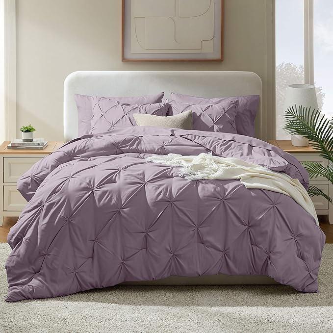 Nestl Queen Comforter Set 7 Piece - Pinch Pleated Comforters Queen Size Dusty Purple, Bed in a Bag Queen All Season, Queen Comforter Sets Bedding with Flat Sheet, Fitted Sheet, Pillowcases and Shams