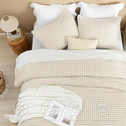 Andency Beige Gingham Comforter Set Queen(90x90Inch), Cream Checkered Grid Plaid Buffalo Bed Set for Girls Boys Kids Teens, 3 Pieces Lightweight Microfiber Geometric Preppy Bedding