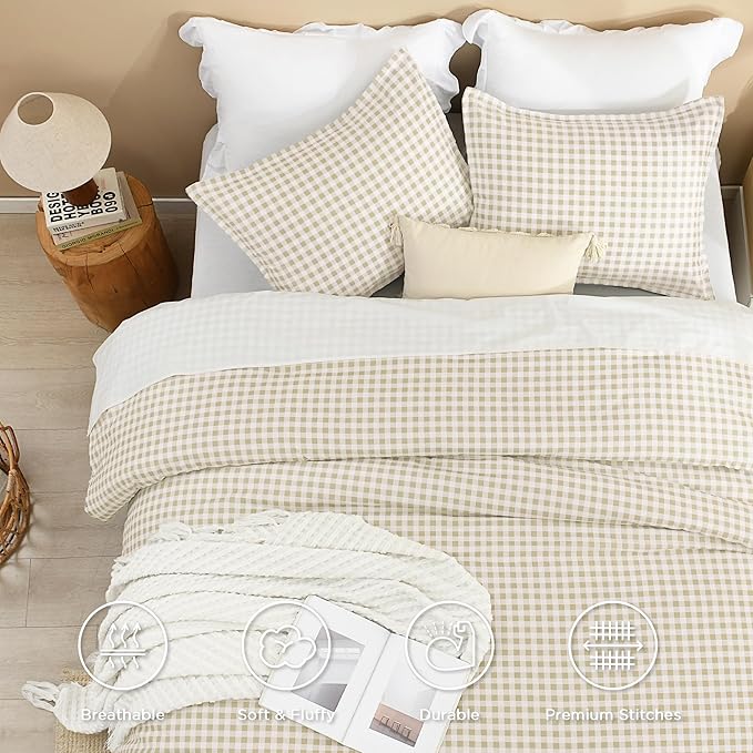 Andency Beige Gingham Comforter Set Twin(66x90Inch), Cream Checkered Grid Plaid Buffalo Bed Set for Girls Boys Kids Teens, 2 Pieces Lightweight Microfiber Geometric Preppy Bedding