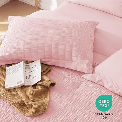 MUXHOMO 7 Pieces Full Comforter Set, Seersucker Bed in a Bag Full Size, All Season Luxury Bedding Set with Comforter, Flat Sheet, Fitted Sheet, Pillowcases & Shams, Pink