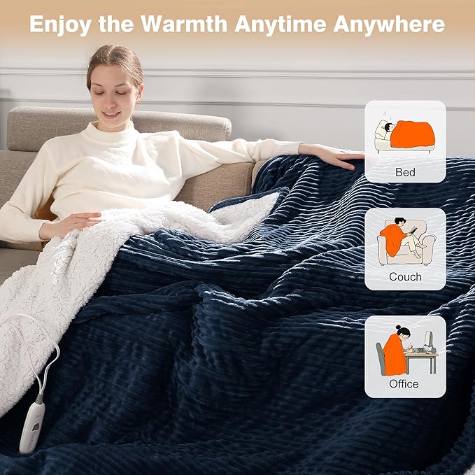 King Size Electric Blanket, Fast Heating Blanket with Dual Controls, 5 Heat Settings, 10-Hour Auto Off, Striped Flannel & Sherpa, FCC/ETL Certified, 90''x100'' Navy Blue
