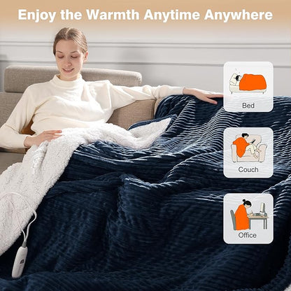 King Size Electric Blanket, Fast Heating Blanket with Dual Controls, 5 Heat Settings, 10-Hour Auto Off, Striped Flannel & Sherpa, FCC/ETL Certified, 90''x100'' Navy Blue