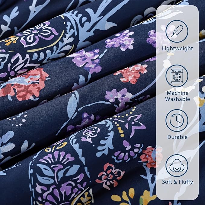 Yiran Navy Floral Comforter Set King Size, 7 Piece Blue Botanical Flowers Comforter Bedding Set, Bed in a Bag King, Soft Microfiber Complete Bedding Set with Sheets for All Season