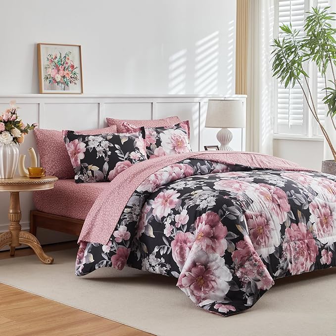 Joyreap 3pcs Floral Comforter Set Twin, Pink Flowers on Black Design, Microfiber Lightweight Bedding Comforter Set for All Season- 68x88 inches