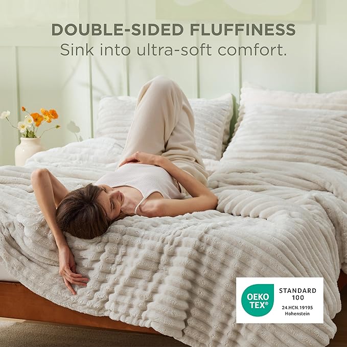 Bedsure California King Comforter - GentleSoft™ 3 Pieces Double-Side Fleece Comforter Set, Cozy Striped Room Decor Aesthetic, Luxury Linen Cal King Bedding with 2 Pillowcases, 104x96 Inches