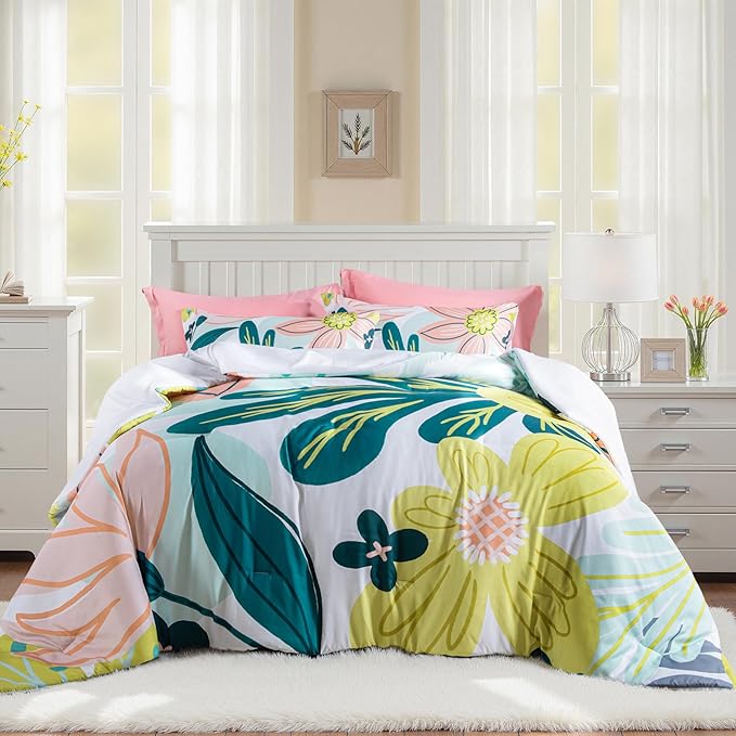 Boho Floral King Comforter Set - 3 Piece Farmhouse Botanical Bedding Comforter Sets for All Season Soft Lightweight Mid Century Bed Set, (1 Reversible Comforter and 2 Pillow Shams