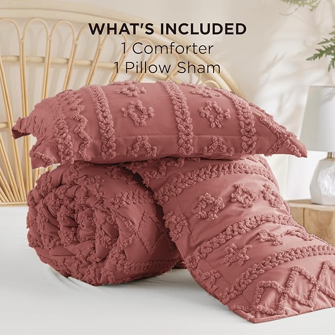 Bedsure Tufted Boho Comforter Set Twin Size - Grayish Pink Boho Bed Set, GentleSoft™ 2 Pieces Farmhouse Shabby Chic Embroidery Bedding, Gifts for Woman, Soft Jacquard Twin Comforter for All Seasons