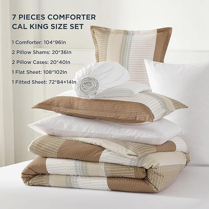 Andency California King Comforter Set Taupe - 7 Pieces Striped Lightweight Bed in a Bag, Soft Microfiber Reversible Bedding Set with Comforter, Fitted & Flat Sheet, Pillowcases & Shams