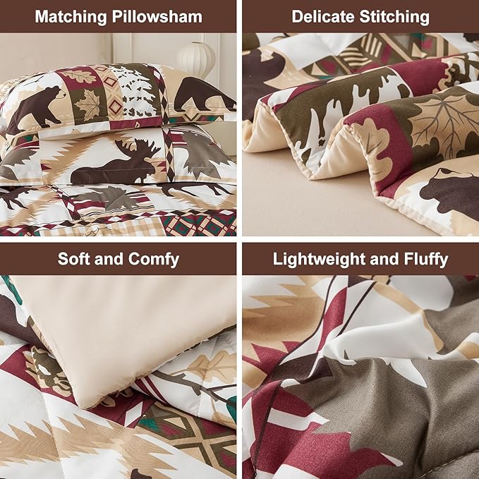Comforter Set King Size Plaid Patchwork Comforter Bedding-7 Piece Bed in a Bag,Soft Reversible Bear Moose Microfiber Bedding Set(1 Comforter,1 Flat Sheet,1 Fitted Sheet,2 Pillowcases,2 Pillow Shams)