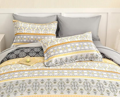 WONGS BEDDING Boho Comforter Set Queen Size,7 Pieces Bed in a Bag Bohemian Striped Bedding Set,Yellow Paisley Floral Comfortet and Sheet Set,Soft Microfiber Bedding Sets for All Season