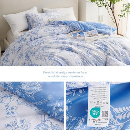 Nayoroom Blue Floral Comforter Set Queen Size White Coquette Bedding Comforter Set 3 Pieces Soft Lightweight Cottagecore Flower Comforter for All Seasons (1 Comforter, 2 Pillow Shams)