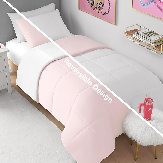 Juicy Couture Reversible Box Stitch Comforter Set, 3-Piece King – Pink Marshmallow/White – Glam Bedding Set