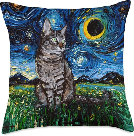 Gray Tabby Tiger Cat Starry Night Moon and Stars Artwork Throw Pillow