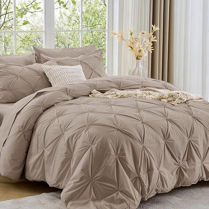Sasttie Full Size Comforter Set, 7-Piece Bed in a Bag, Pintuck Bedding Set for All Season, Includes Comforter, Flat Sheet, Fitted Sheet, Pillowcases and Pillowshams, Dark Linen